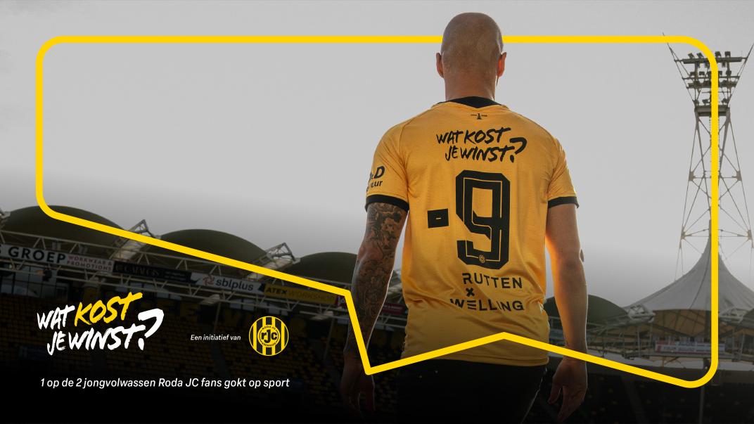 Campagnebeeld 'Wat kost je winst?' met speler van voetbalclub Roda JC op de rug gezien, met rugnummer -9